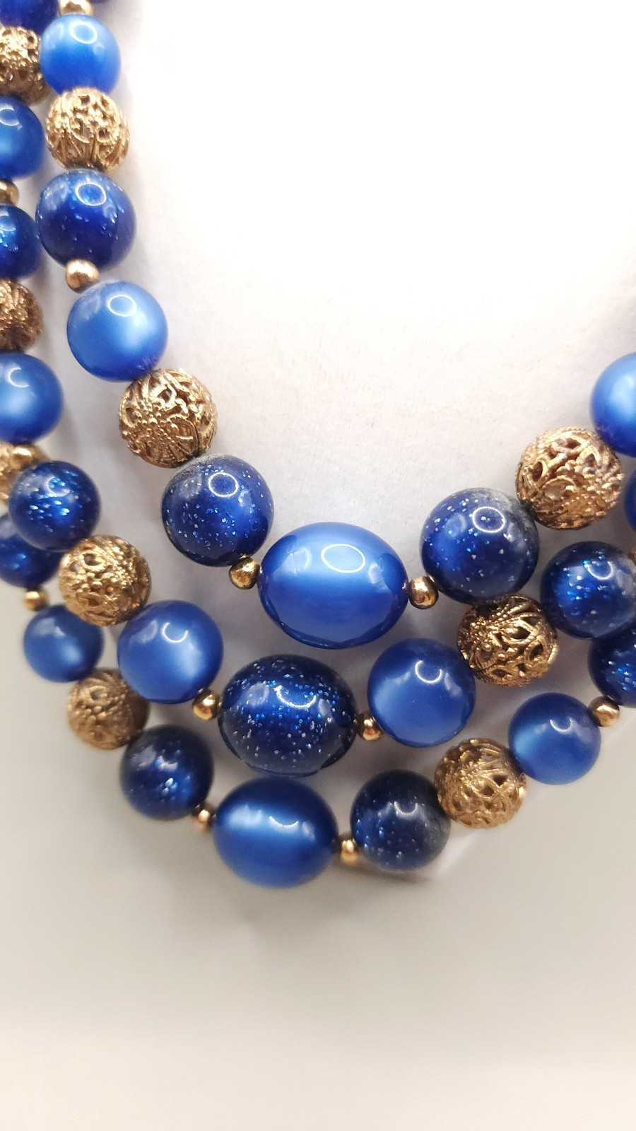 Vintage 1960s Blue Lucite Bead 3 Strand Statement Necklace Gold Filigree Chunky