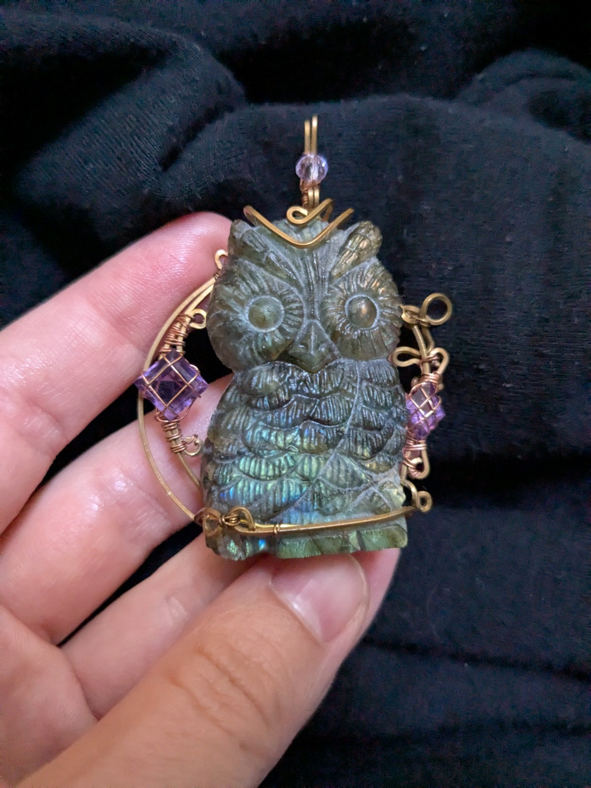 Hand wrapped Labradorite Carved Owl Amethyst Wire Brass Copper
