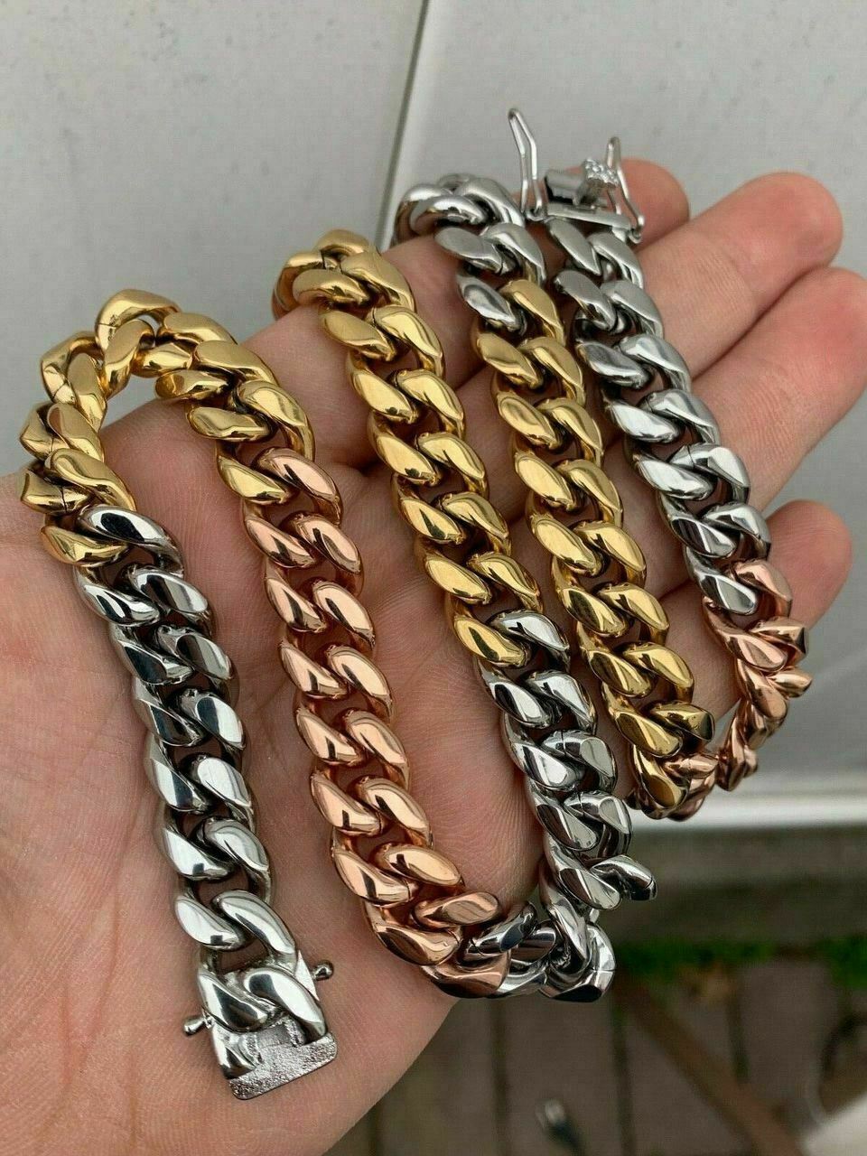 12mm Men’s Miami Cuban Link Chain 3 Tri Color Real Gold Plated Stainless 18-30″