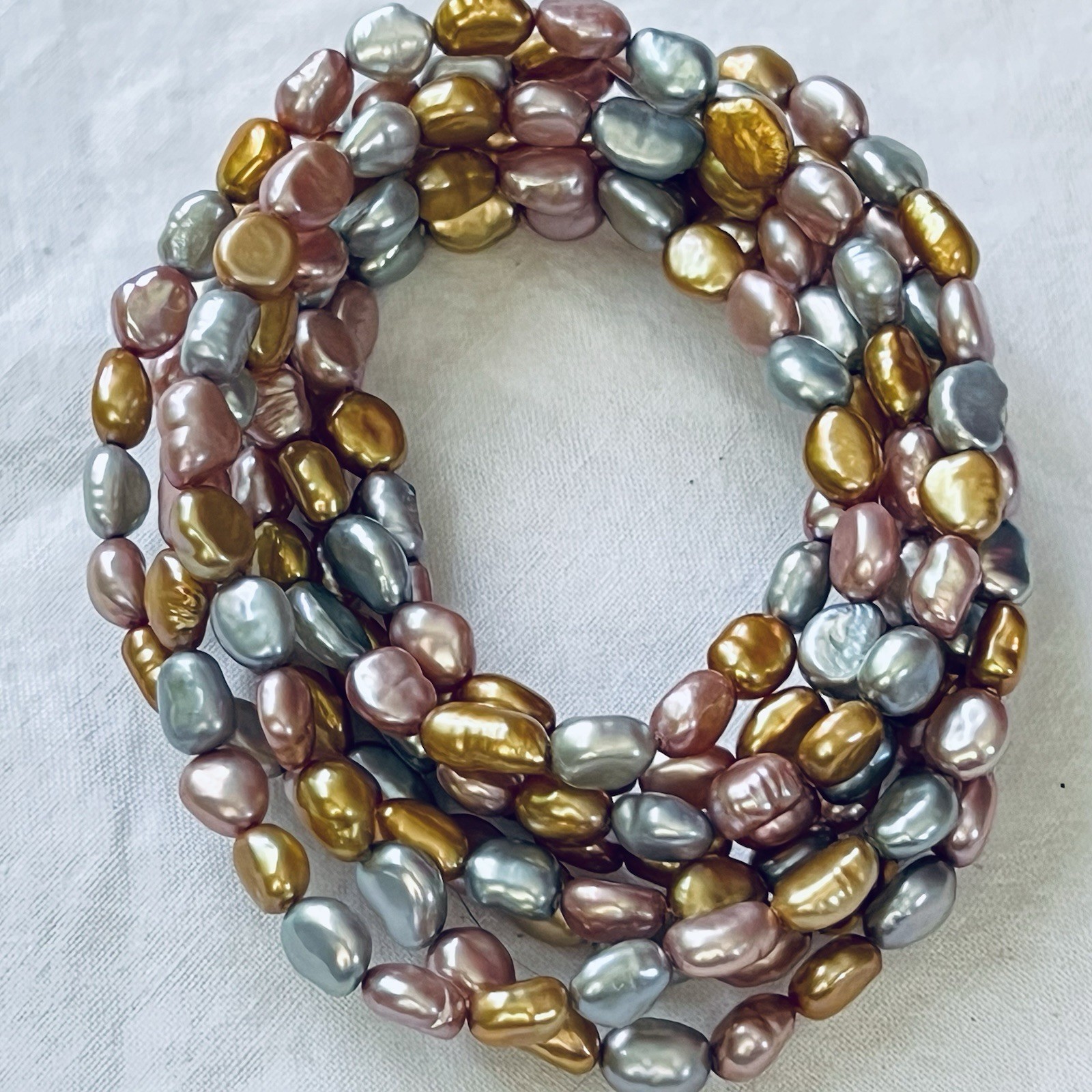 Estate Dyed Pink Grey Gold Freshwater Pearl Flapper Length Necklace, 62”