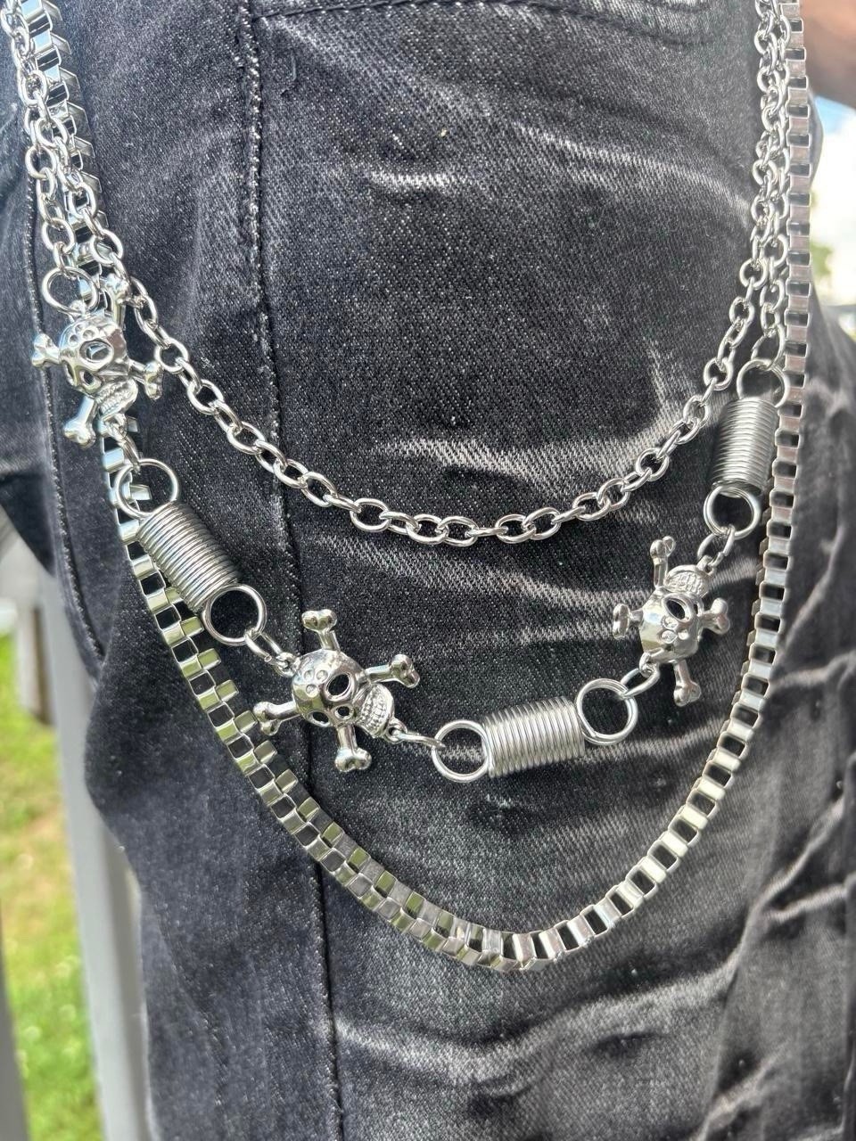 Punk Y2K Silver triple layered Skull biker  chain Waist Chain Grunge boho emo