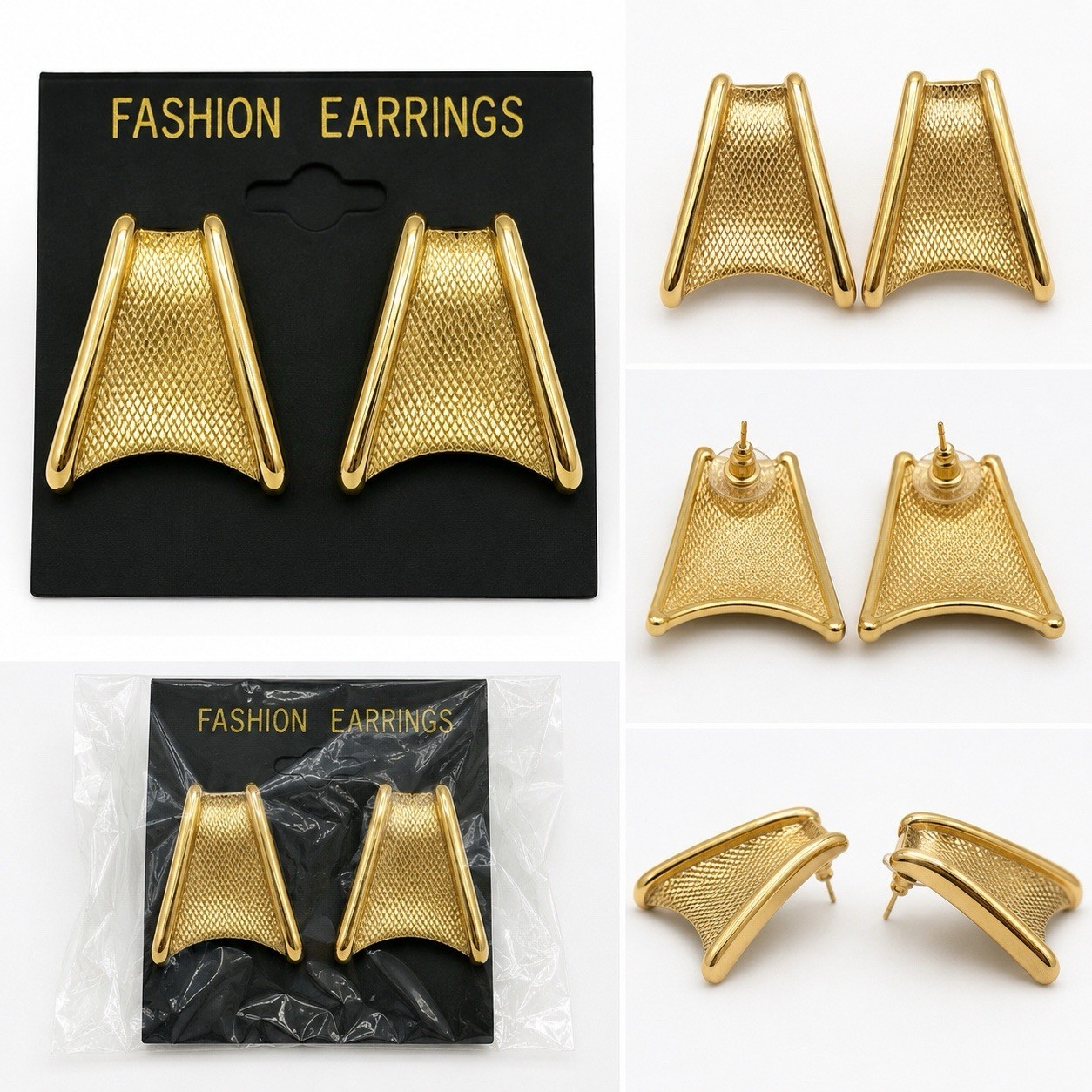 Vintage Gold Tone Textured Triangle Post Earrings NOS 80s Statement