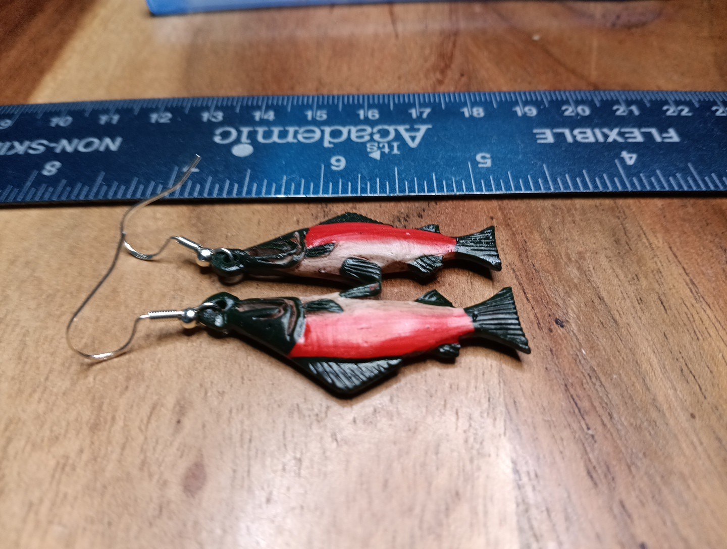 HANDMADE CARVED WATER BUFFALO BONE RED SALMON EARRINGS ALASKA BONEYARD