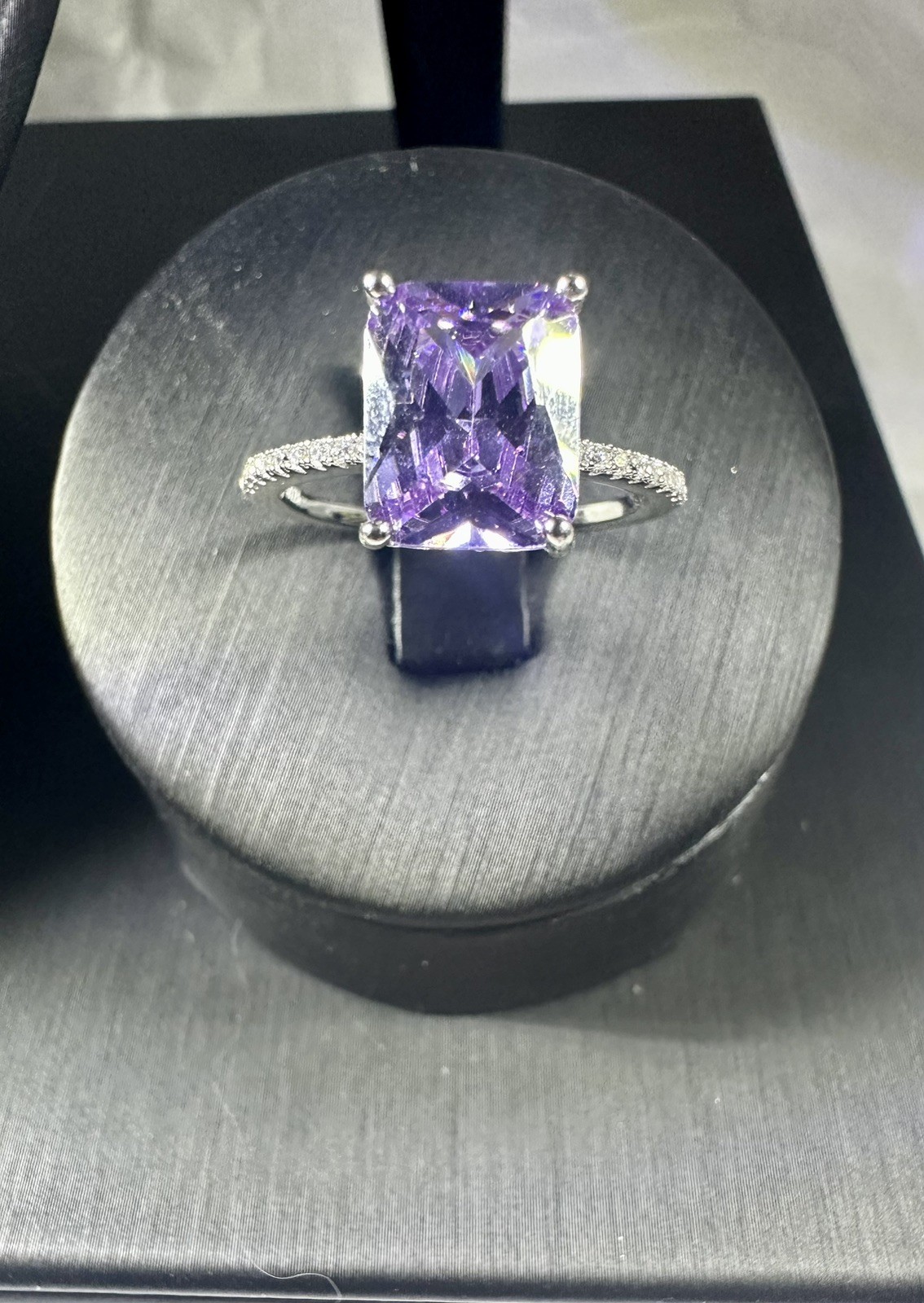 New W/ Certificate 4ct Lavender Radiant Lab Gem Ring,Moissanite Halo, S925 Sz. 8