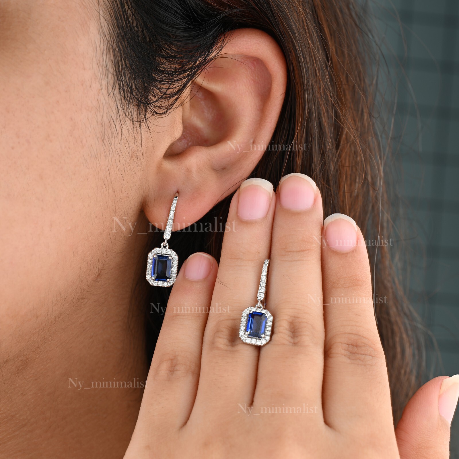 Lab Blue Sapphire Diamond Solid 18K White Gold Drop Earrings, Christmas Gift