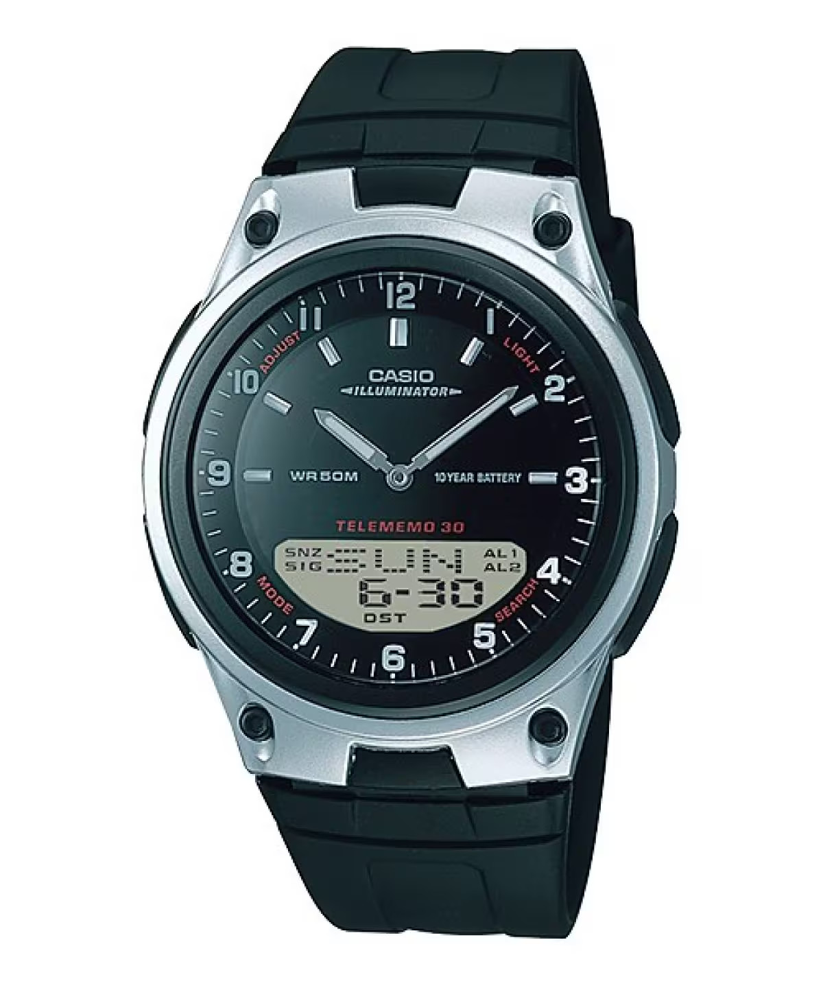 Casio AW80-1AV, Combo Watch, Telememo 30, Metal Band, 3 Alarms, 10 Year Battery