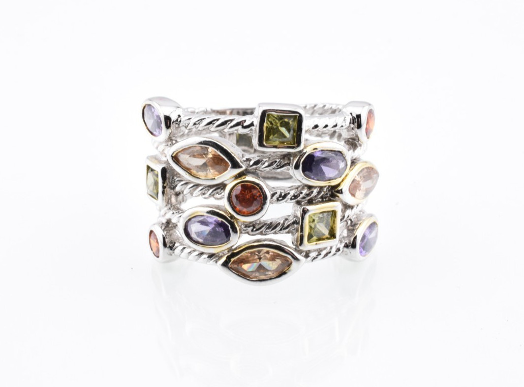 Designer Inspired Multi Stone Statement Ring in Sterling Silver Size 7