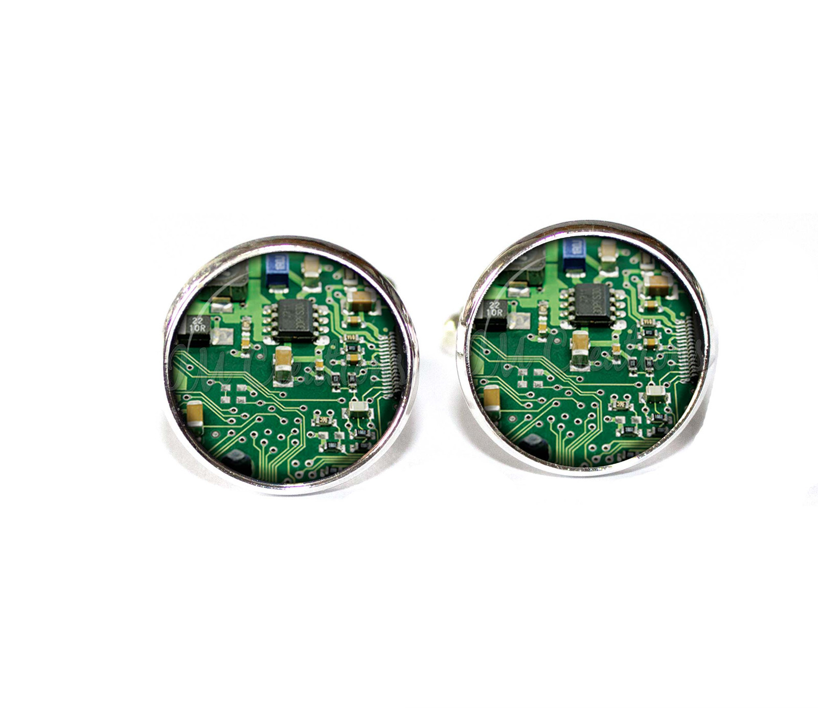 Computer Green Circuit Board Handmade Cuff Links Round Glass Metal Mens Jewelry
