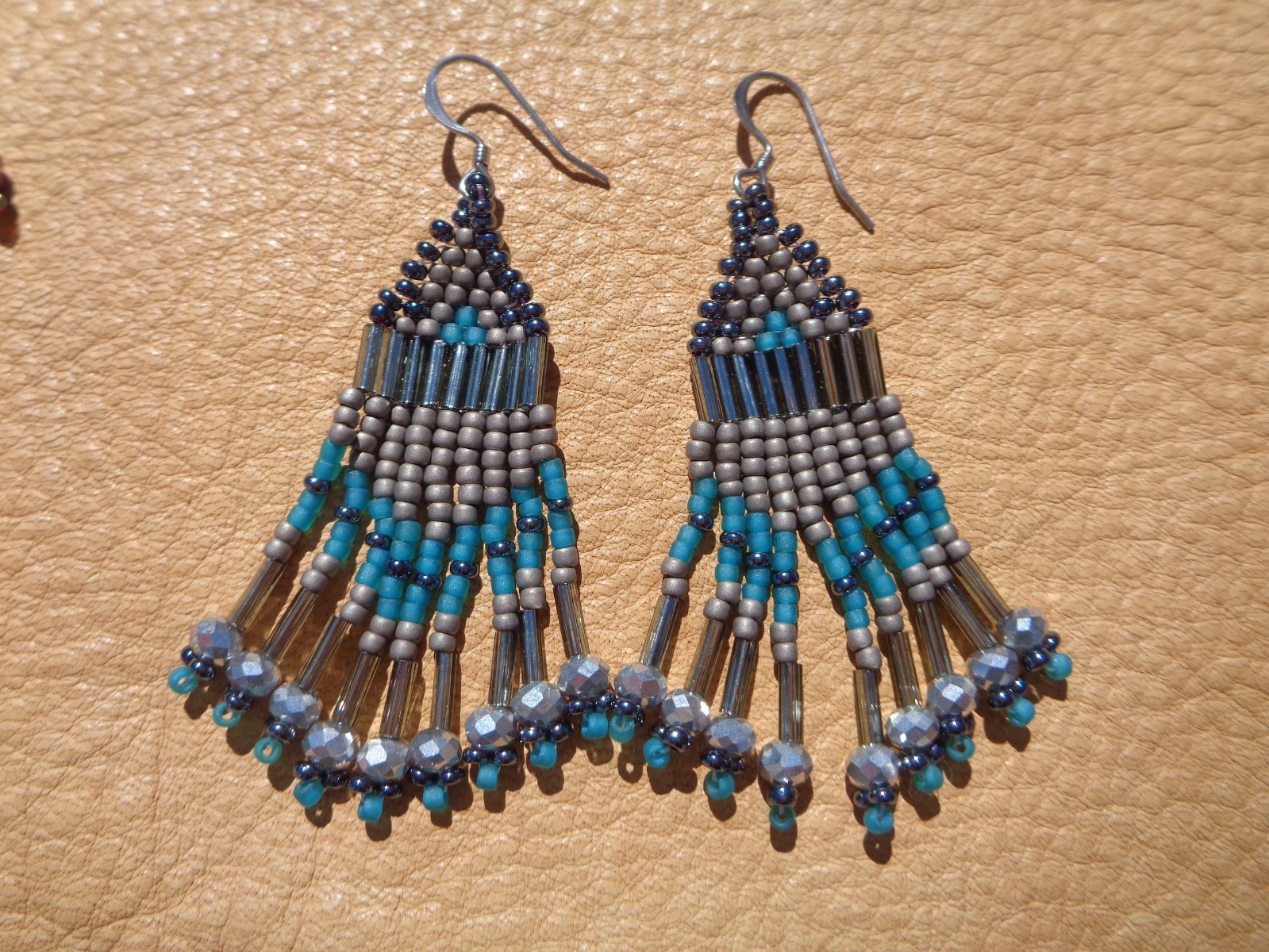 Handcrafted Southwestern 2 1/8″ Beaded Earrings Hematite Gray Teal