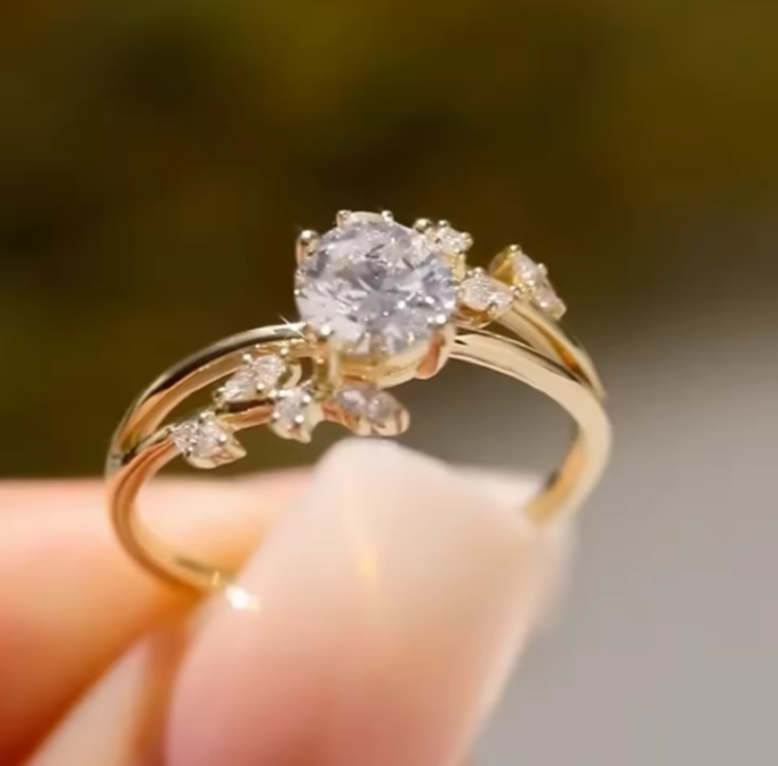 Dainty Sapphire Engagement Ring 14K Gold Plated Floral Leaf Ring Jewelry Gift