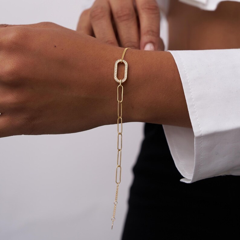 Paperclip Chain Link Statement Bracelet Round Moissanite 14K Yellow Gold Plated