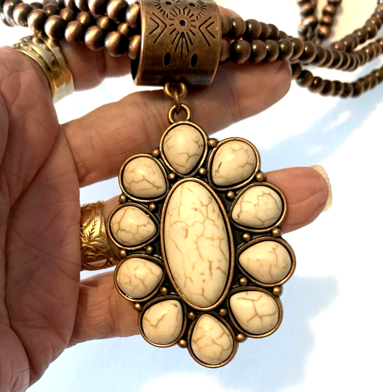 Southwestern White Faux Turquoise Necklace Copper Beads Multistrand Statement