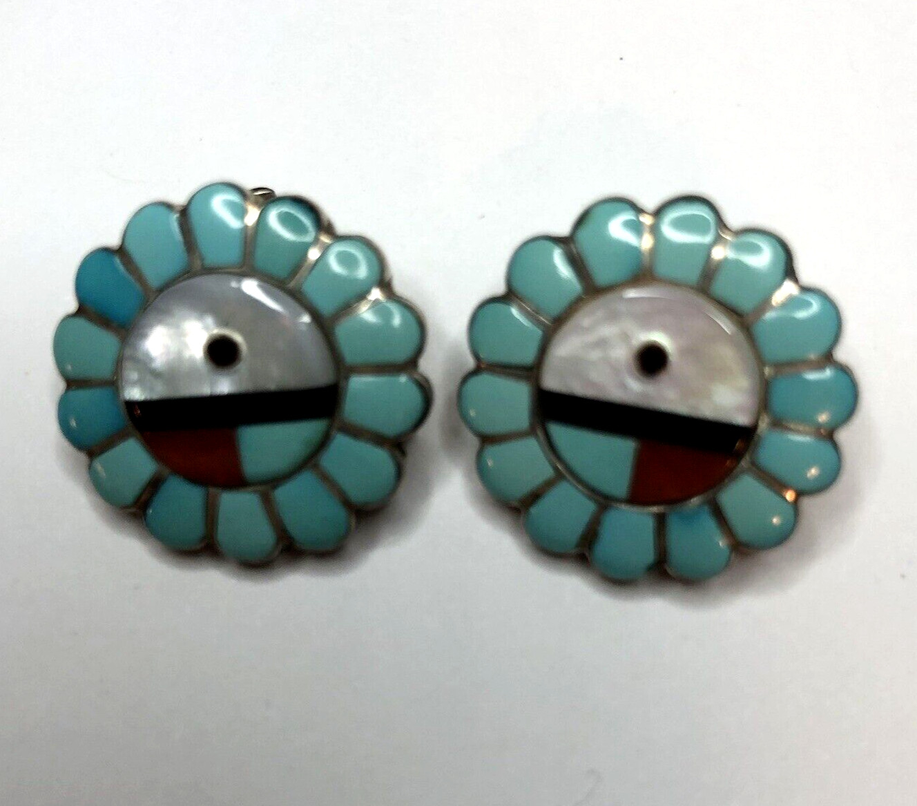 SOUTHWESTERN STERLING SILVER TURQUOISE EARRINGS Clip On Round Coral Onyx Vtg