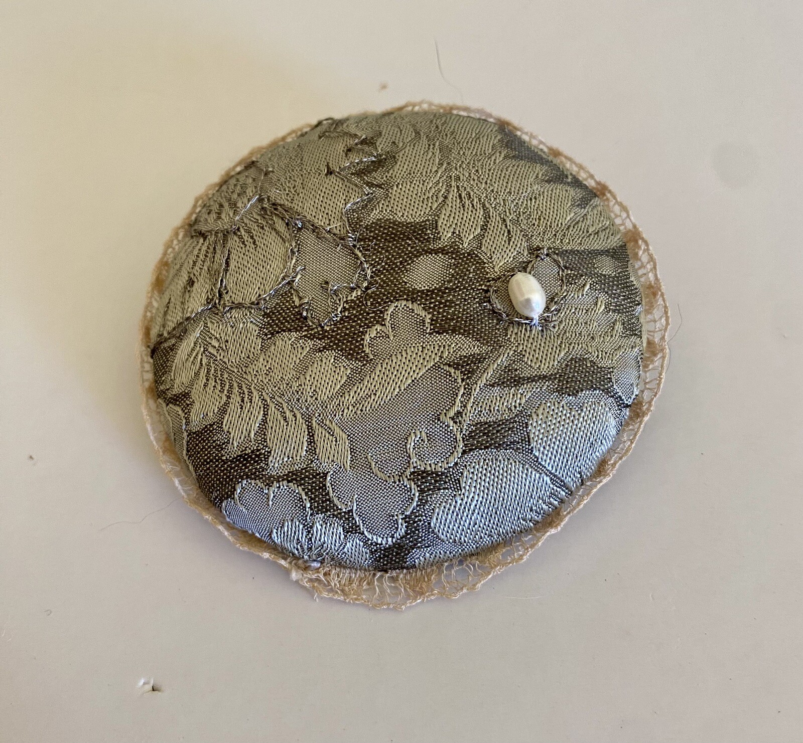 Vintage Round Shabby Chic Fabric Lace Edged Pin/Brooch W.Pearl 2.75”.