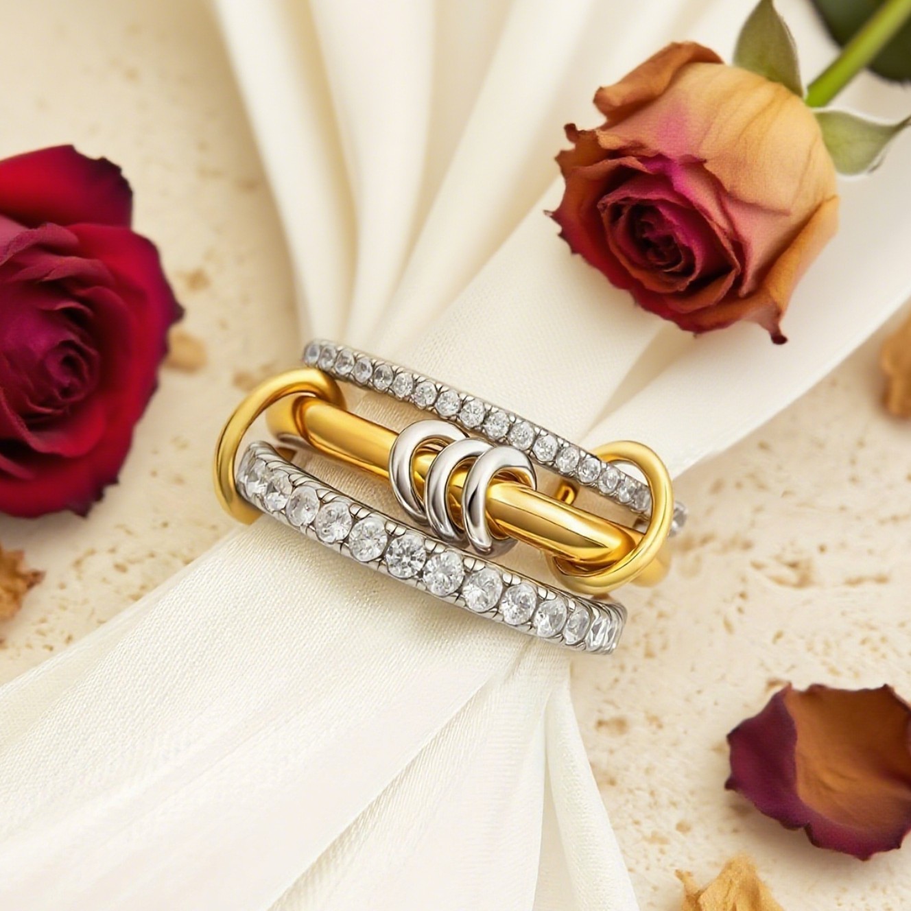 Multi Link Connected Ring Gold Stackable Band Eternity Statement Stacking Ring