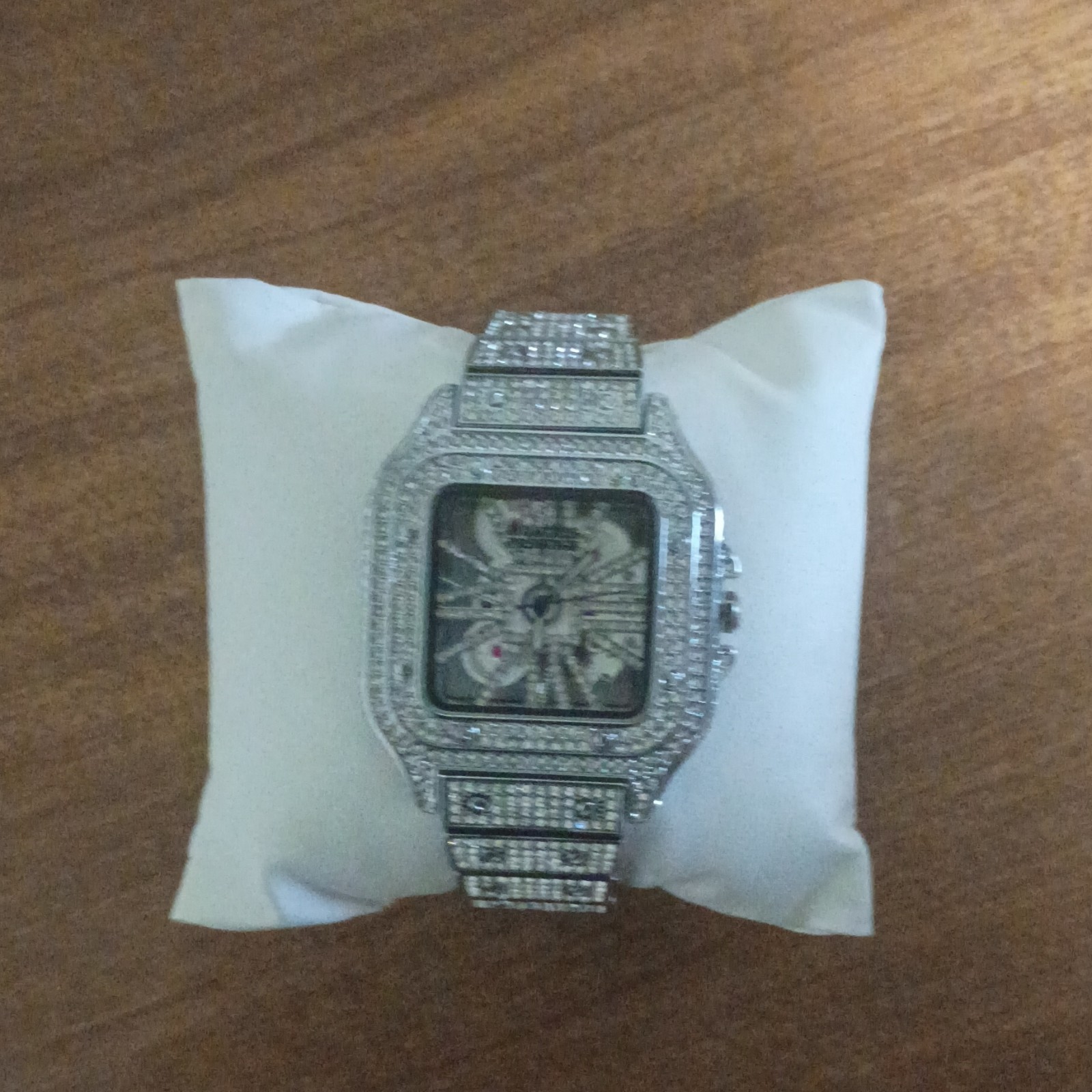 Square Analog Wristwatch Roman Numerals Rhinestone Bezel Silver Bracelet Box