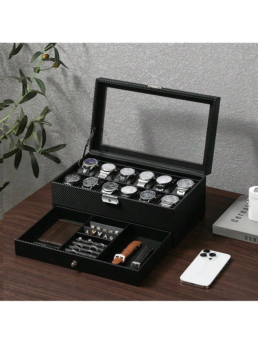 Watch Box 12 Slot Watch Display Organizer Leather Jewelry Case Drawer Glass