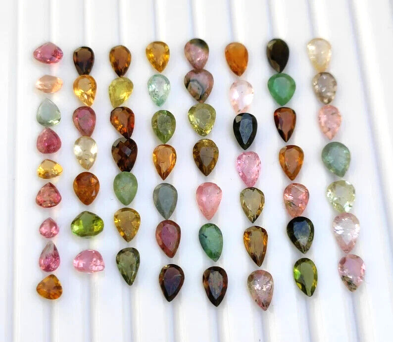 18.60 Cts Superb Quality Natural Multi Tourmaline Faceted Pear Gemstones 58 Pes