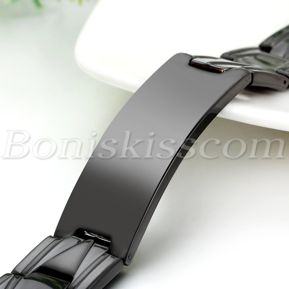 Fashion Polished Black Stainless Steel Mens Bracelet Chain Wrist Link Engravable