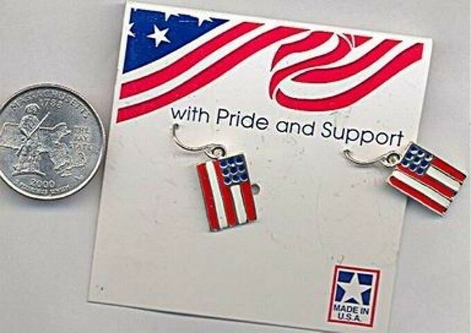 PAIR SILVER RED, WHITE & BLUE USA FLAG DANGLE EARRINGS – MADE IN THE USA X169
