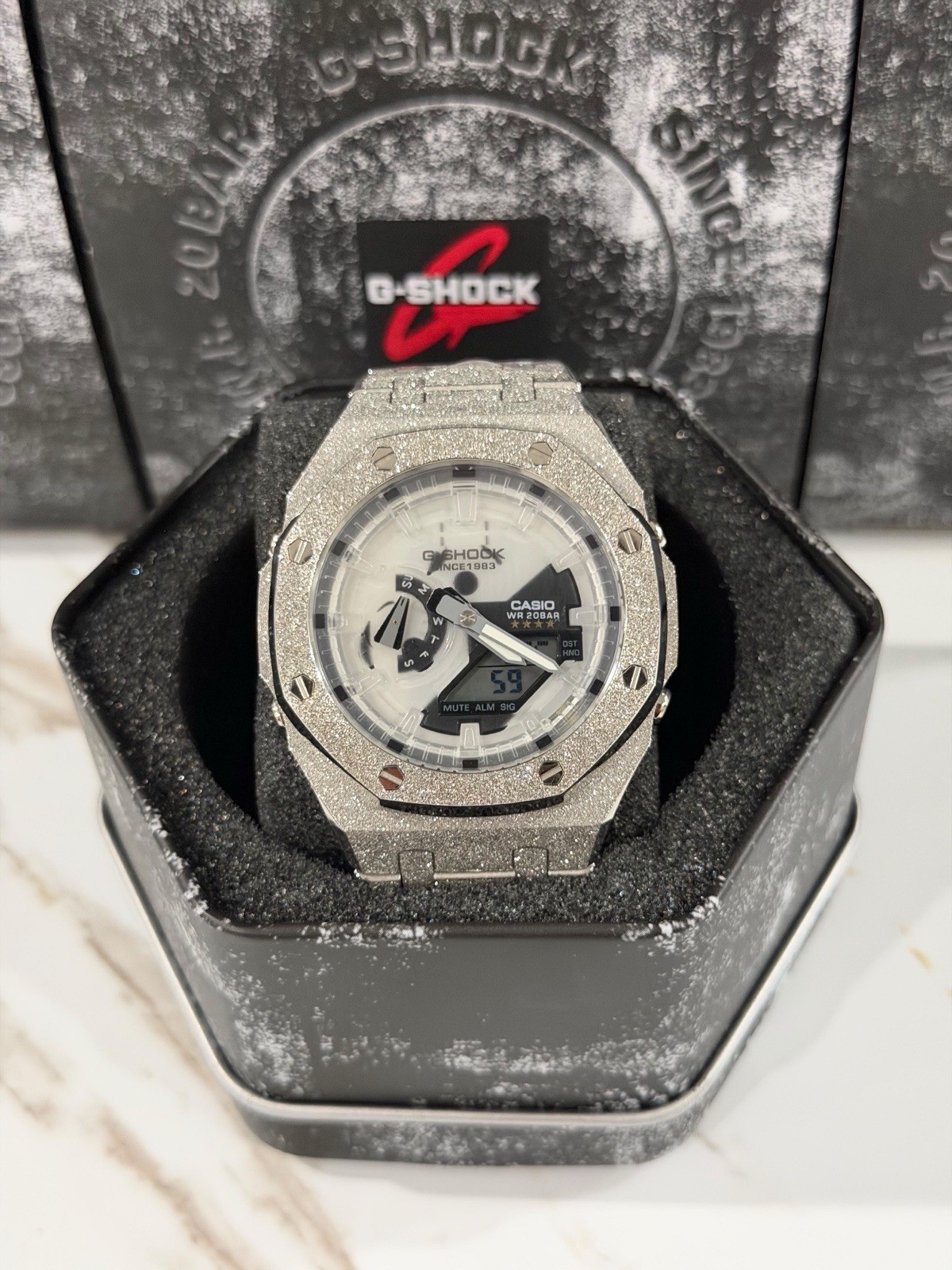 Casio GA-2100 G-Shock Watch – Sandblasted Silver Frosted – White Dial