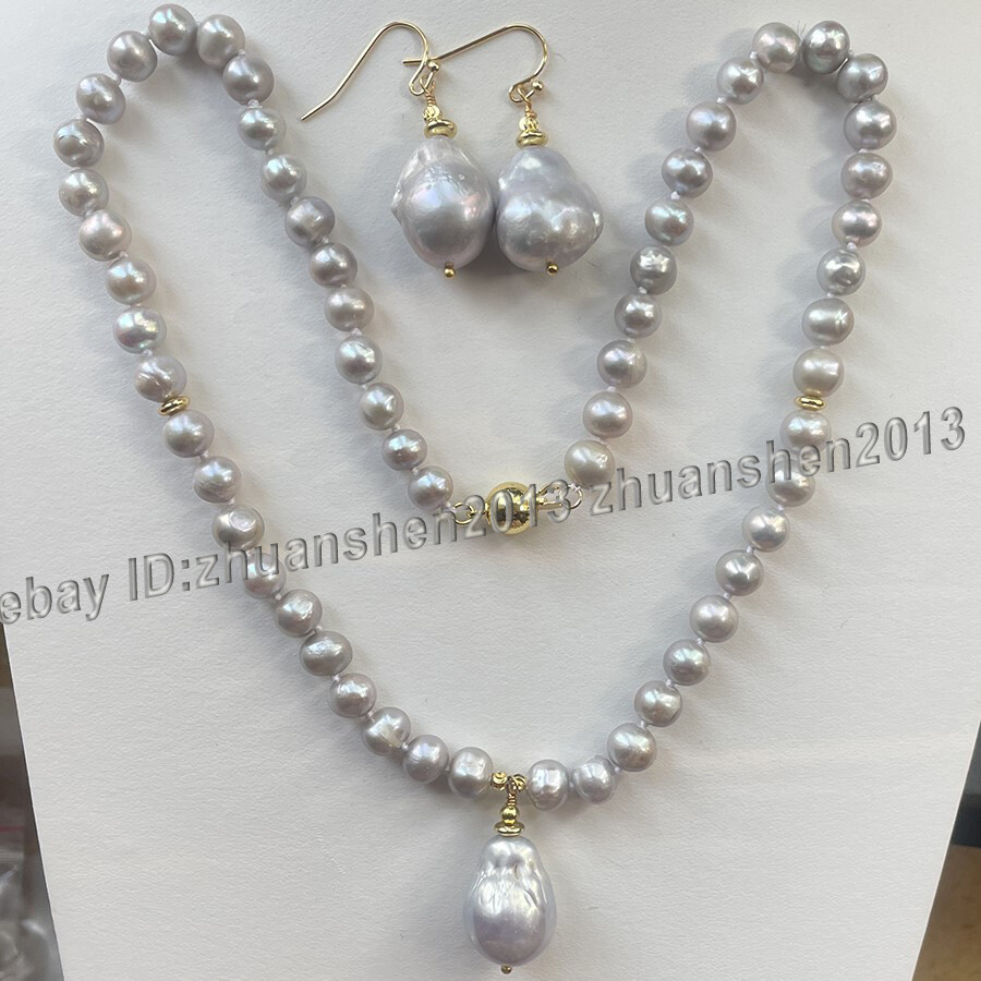 Natural 7-8mm/15x20mm Silver Gray Keshi Baroque Pearl Pendant Necklace +Earrings