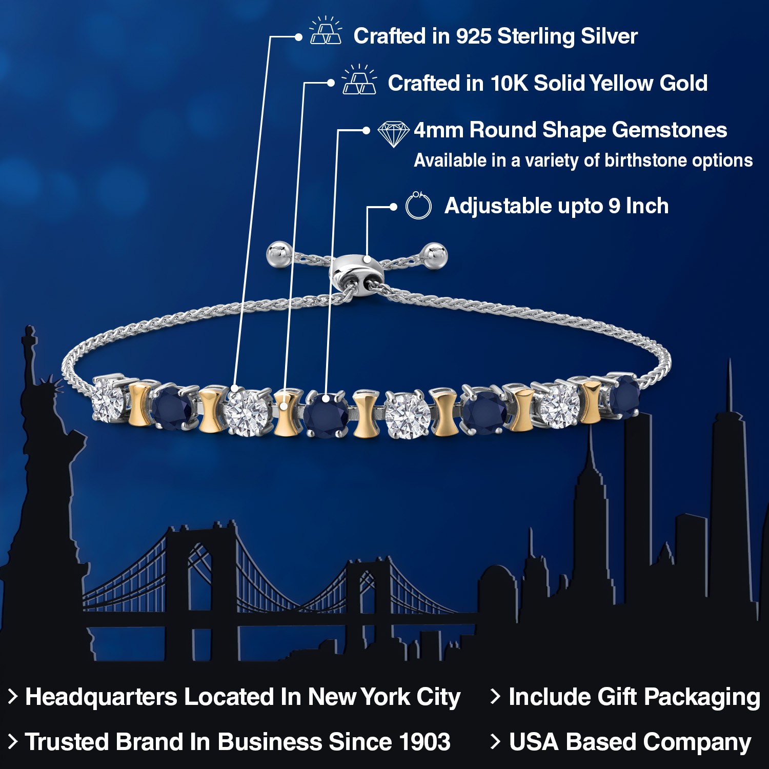 925 Silver and 10K Yellow Gold Lab Grown Diamond and Sapphire Bracelet For