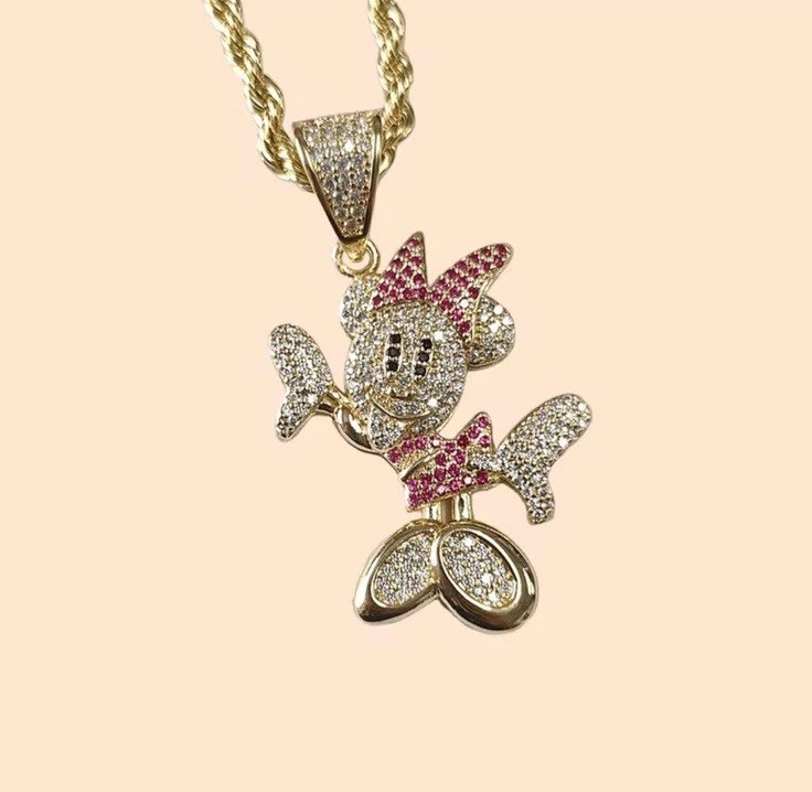 Mickey & Minnie Mouse Brass Cubic Zirconia Pendant & 3mm Rope Chain Necklace