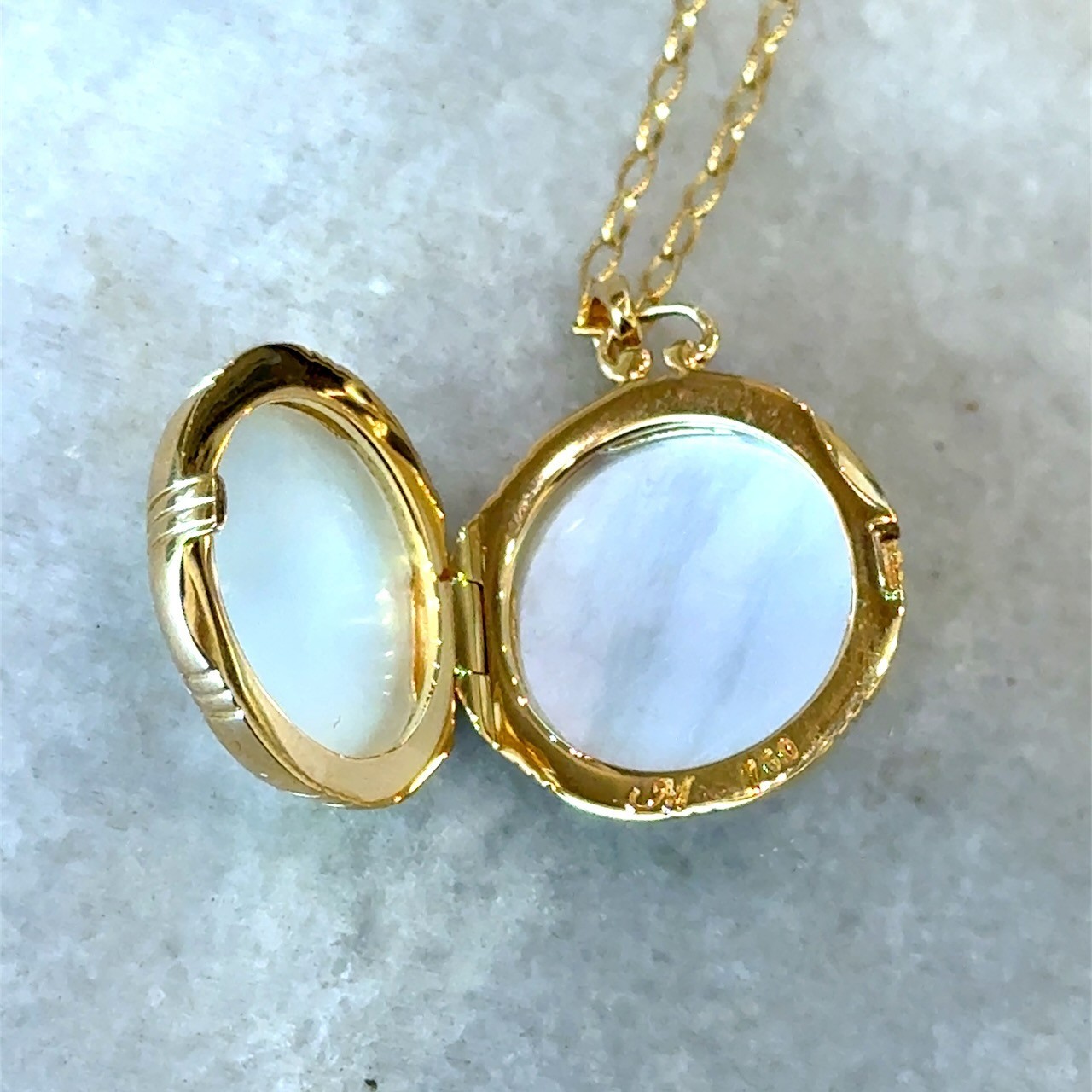 Monica Rich Kosann Mother of Pearl Locket 18KT Gold Necklace