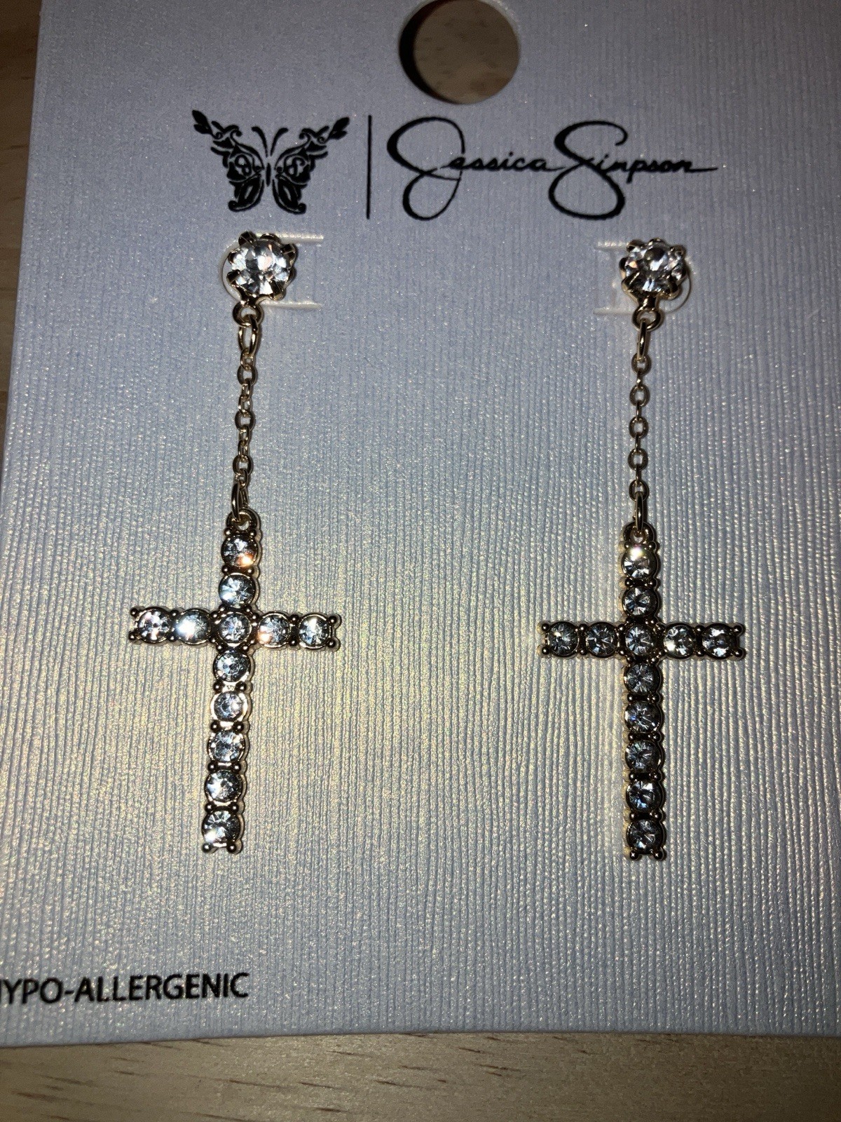 Jessica Simpson Gold Tone Rhinestone Encrusted Drop Cross Pierced Earrings 3”