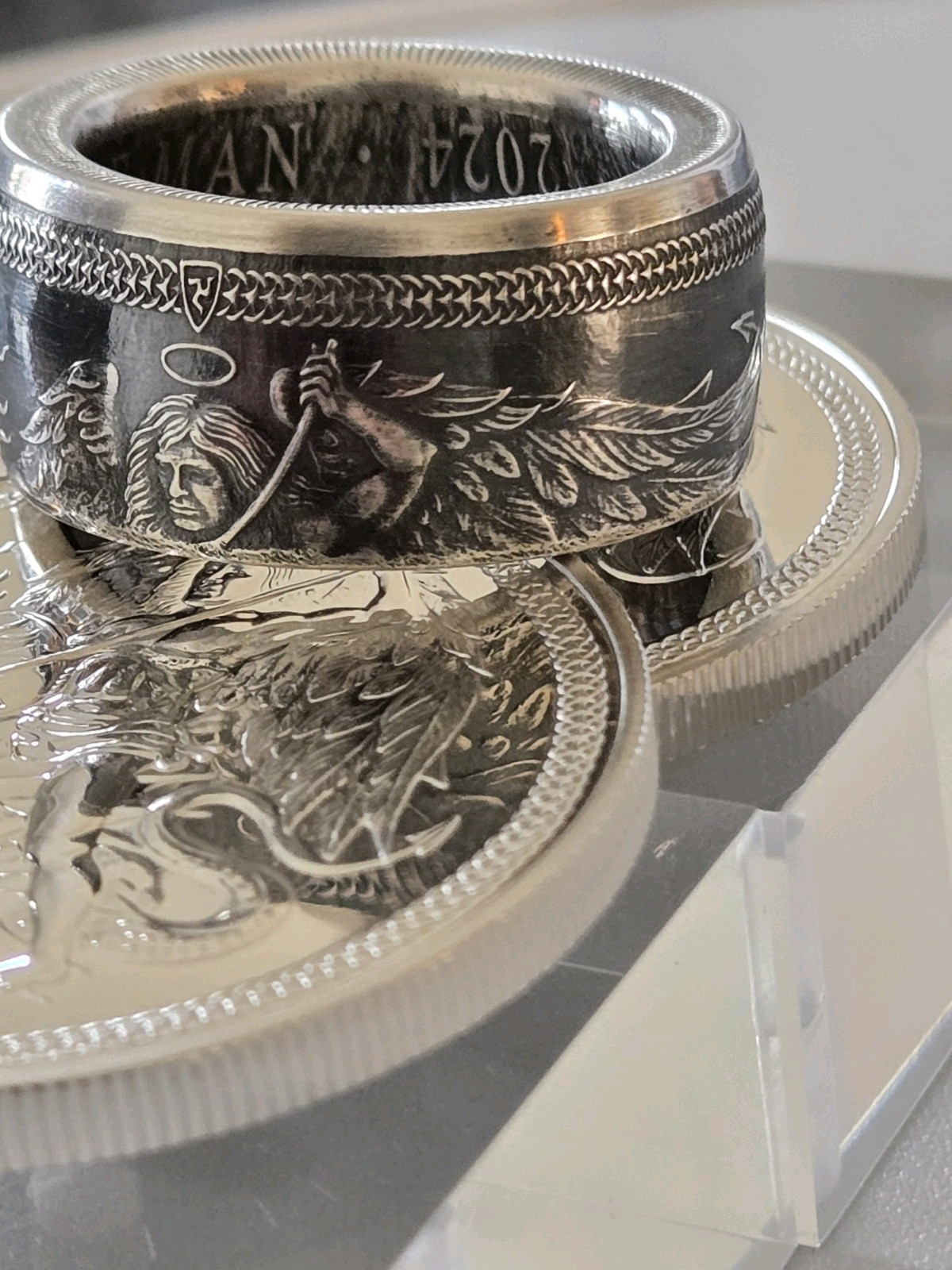 Isle Of Man Angel .999 Silver Coin Ring Angel Michael Slay Evil U Pick Sz 9-13