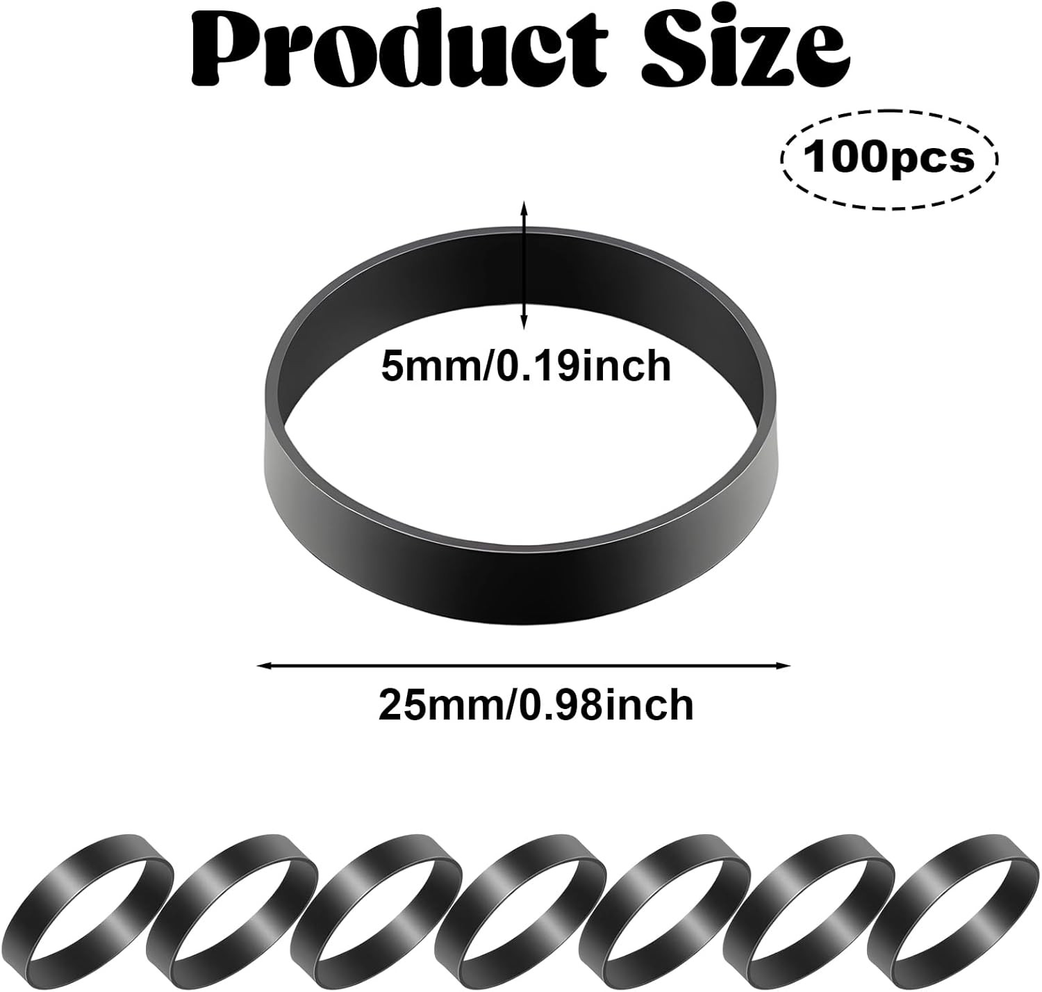 100 PCS Silicone Rubber Bands, 1″/25Mm Diameter Black Small Rubber Bands Elastic