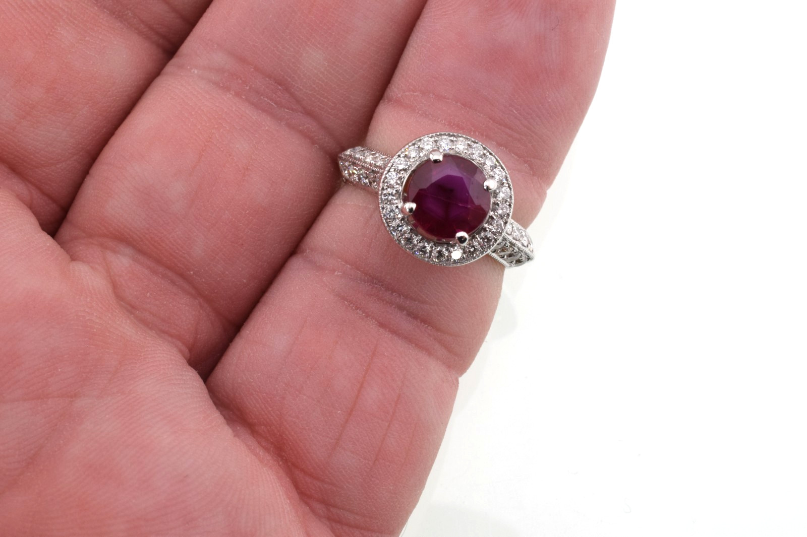 Ruby & Diamond Halo Ring in 18k Gold 2.40 Carats Size 5.5