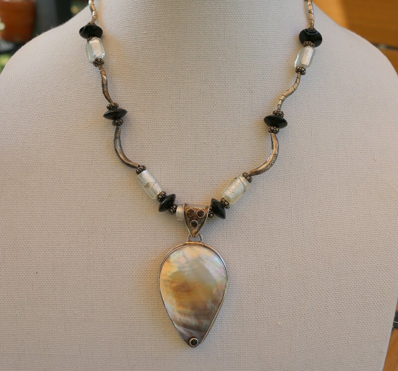 Vintage Sterling Silver 925 Mother Of Pearl Enhancer Murano Glass Necklace 93g