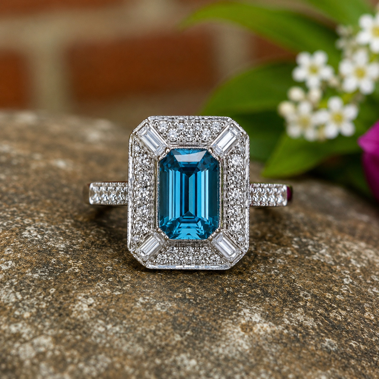2.50Ct Emerald Lab Created Blue Topaz Halo Engagement Ring 14K White Gold Plated