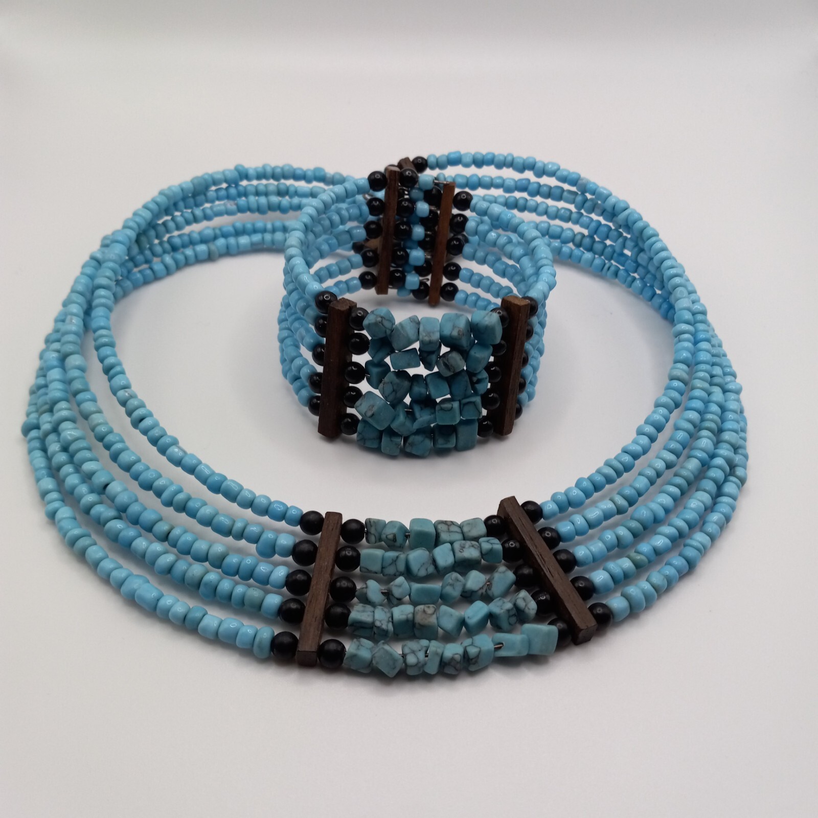 Choker, Necklace Featuring Turquoise Nuggets & Blue Glass Beads And/ Bracelet.