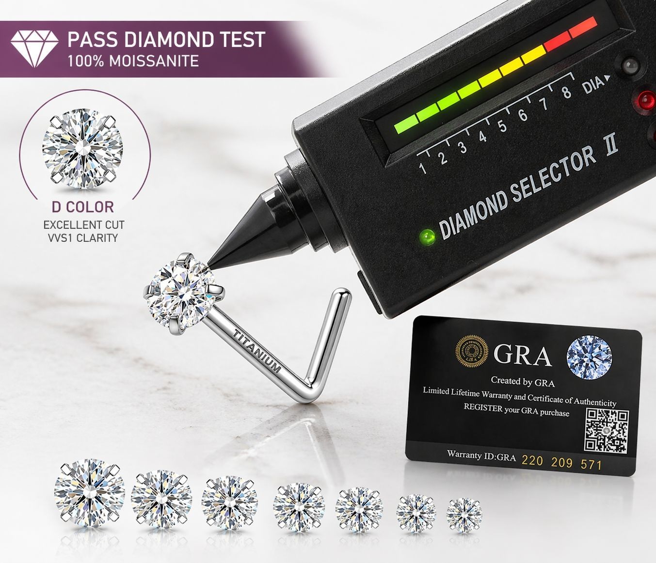 Moissanite Titanium Nose Stud L shape 18 Gauge comes with GRA certificate card