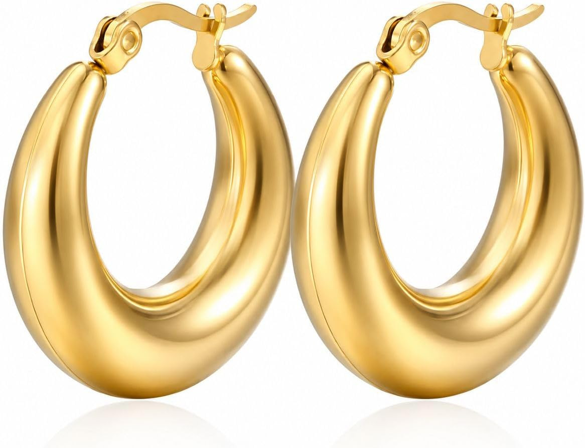 Gold Hoop Earrings for Women U Shaped 14K Gold Plated Stainless Steel Hoops Ligh