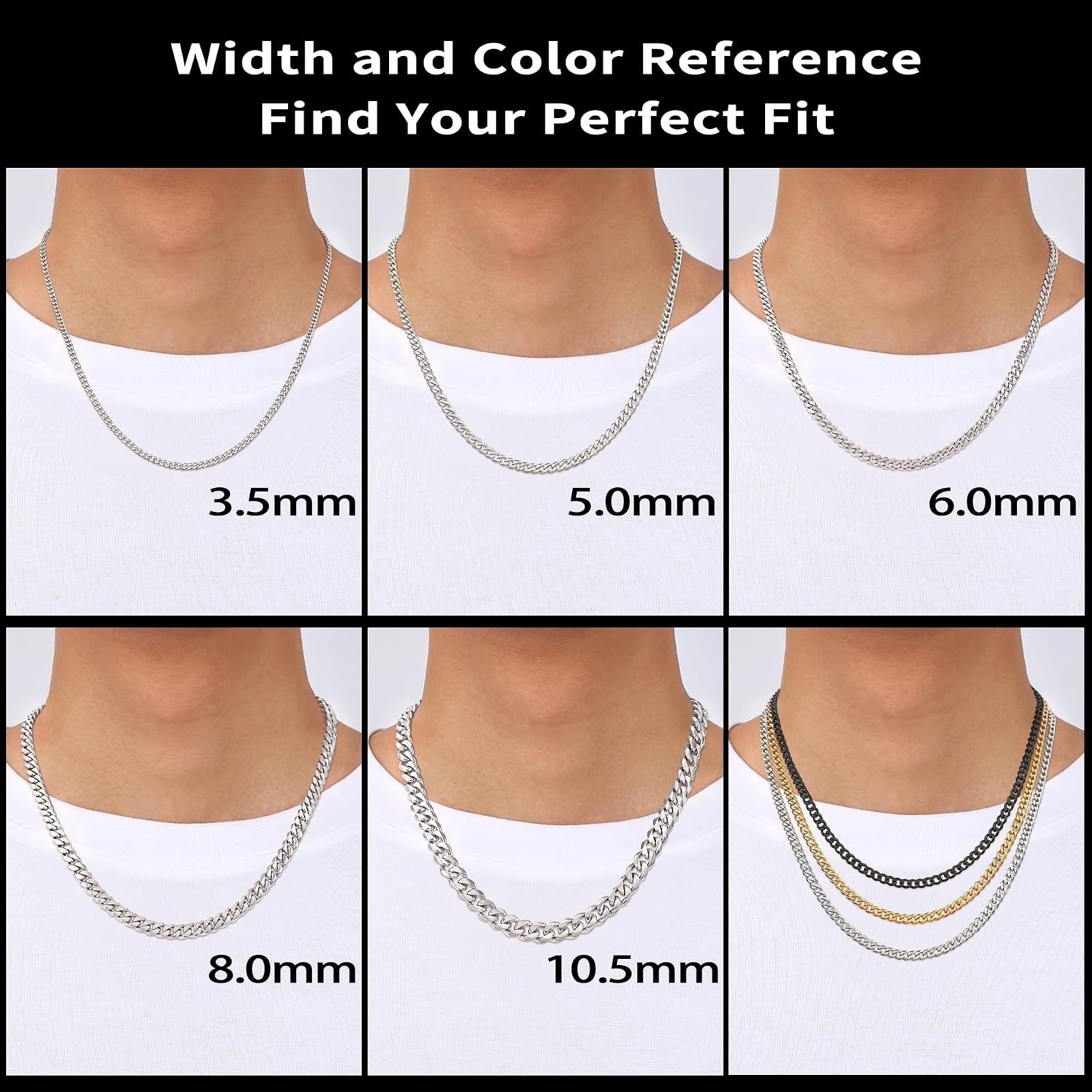 3.5mm Cuban Link Chain Necklace for Men, Silver/Gold Plated Stainless Steel