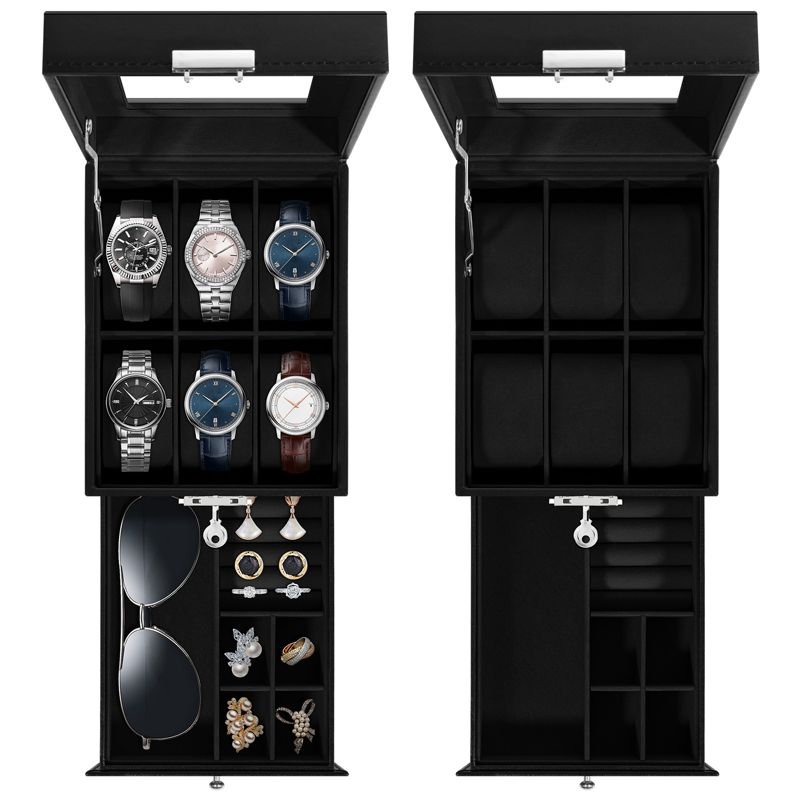 6 Slots Watch Box PU Leather Watch Case Jewelry Storage Glass Lid Display Case