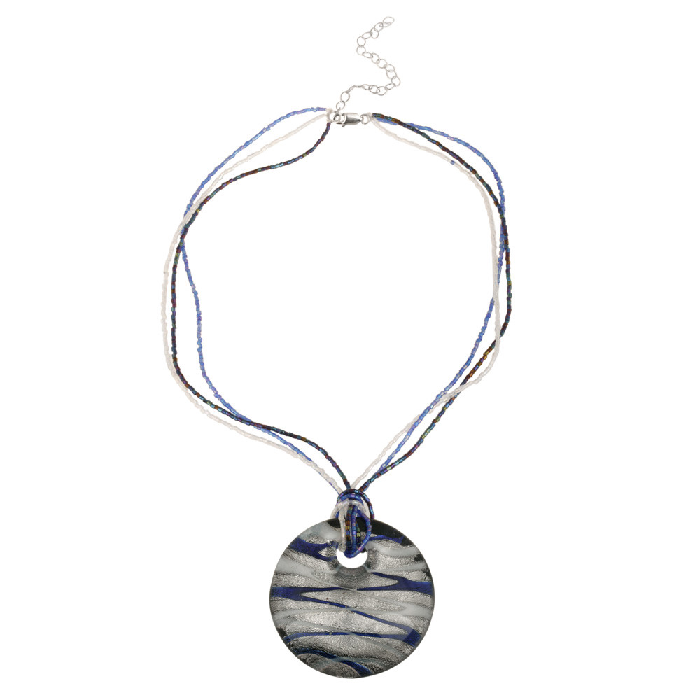 Blue White & Silver Glass Disc Fashion Pendant, 16″