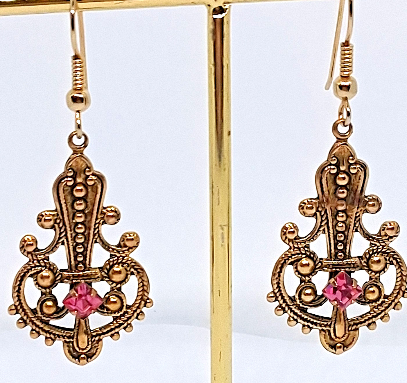 1.5 Inch Brass Gold Tone Filigree with Pink Rhinestone Hook Pierced Earrings