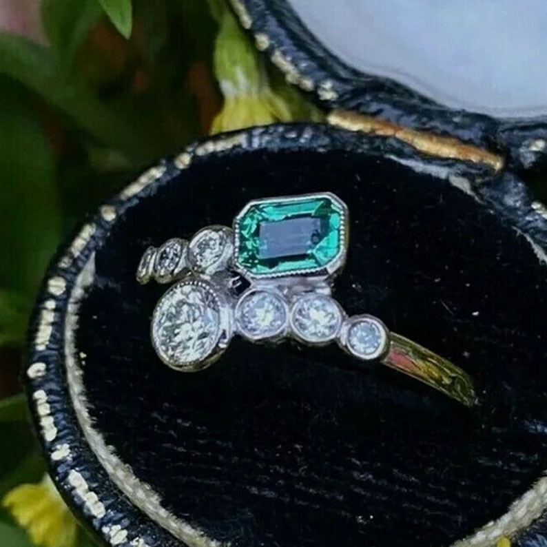 Toi Et Moi 1.50CtW Green Emerald Simulated Diamond Vintage Style 925 Silver Ring