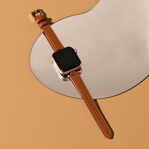 Thin Leather Band Compatible 38mm 40mm 41mm 42mm(Series 11 10) Brown/Rose Gold