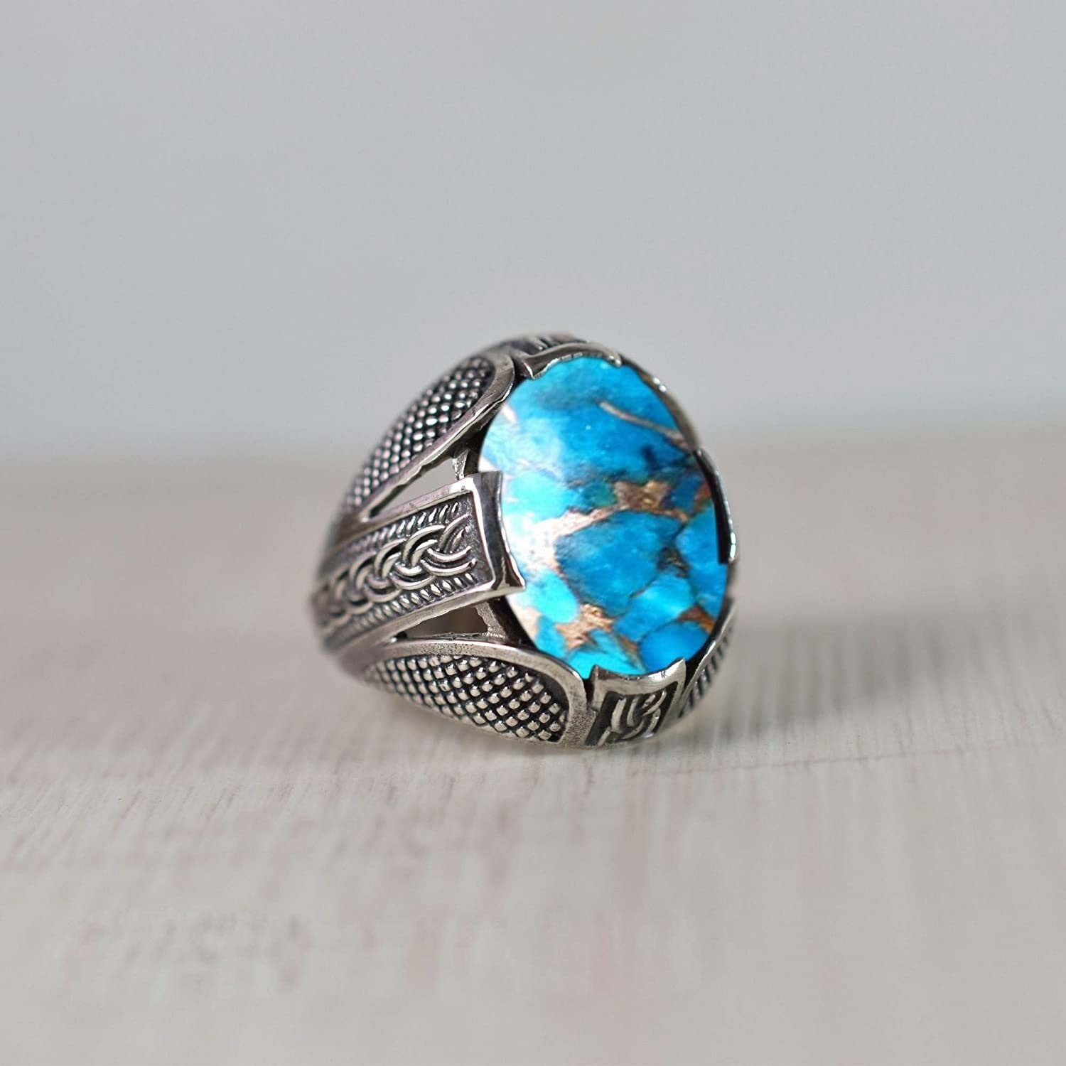 Solid 925 Sterling Silver AA Natural Copper Turquoise Gemstone Men’s Unisex Ring