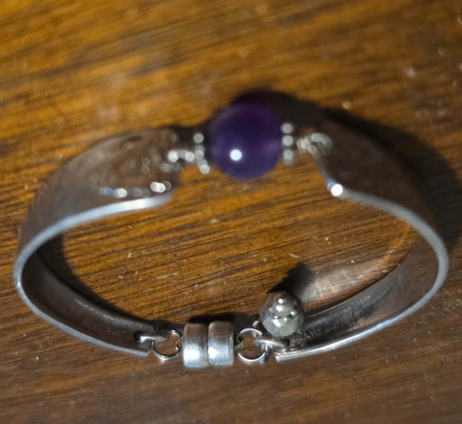 Vintage Handmade Spoon Handle Bracelet Purple Stone Magnetic Clasp