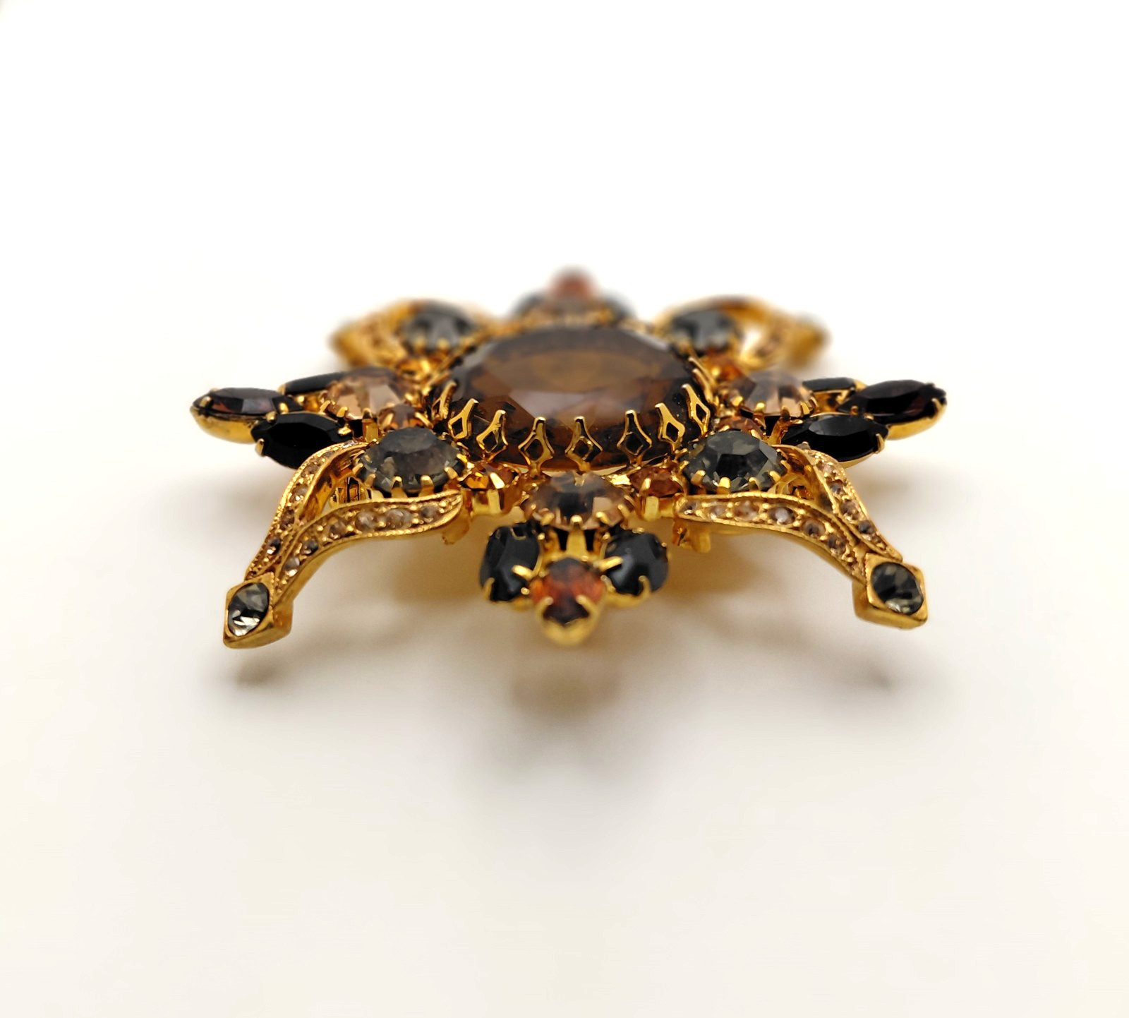 Robert Rose Flower Brooch Multicolor Rhonestones Gold Tone Setting