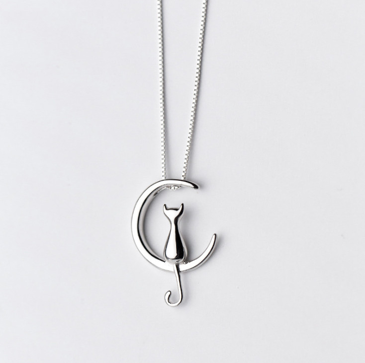 925 Sterling Silver Crescent Moon Cat Love Pendant Necklace 18″ Chain Gift B59