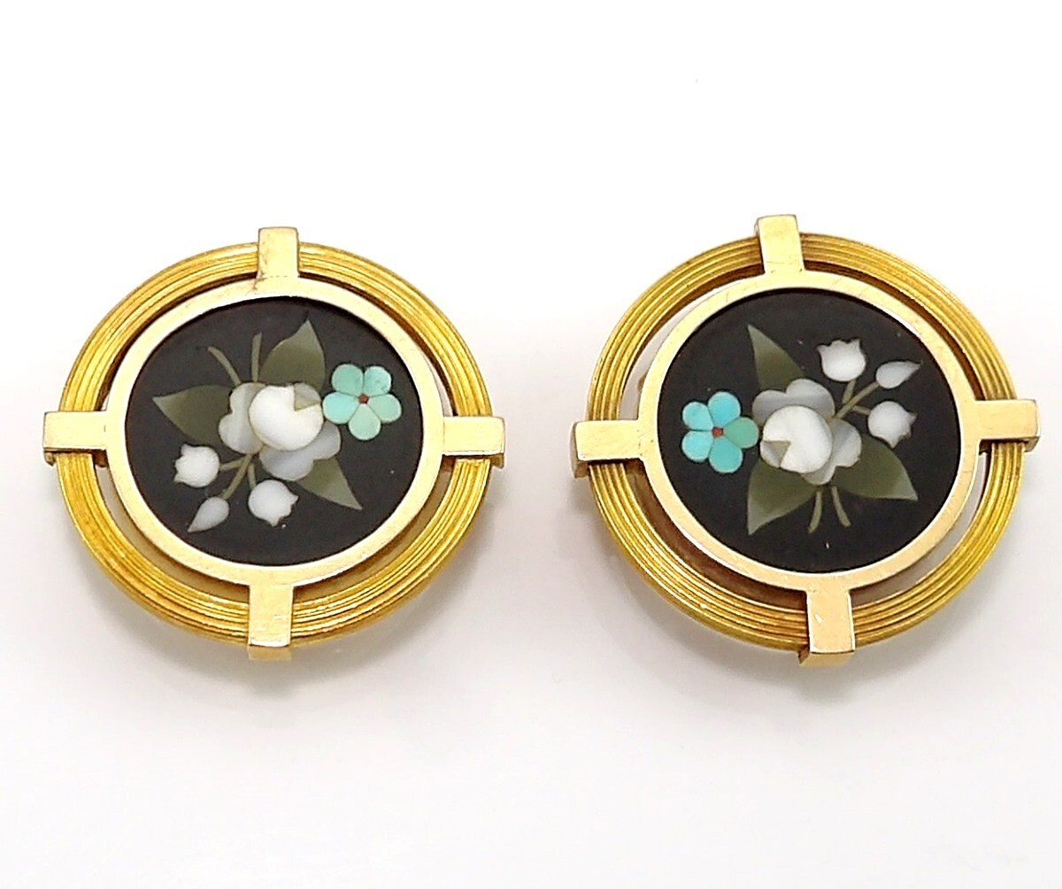 VTG Pietra Dura 18K Yellow Gold Shirt Blouse Button Studs/Earrings LNG2