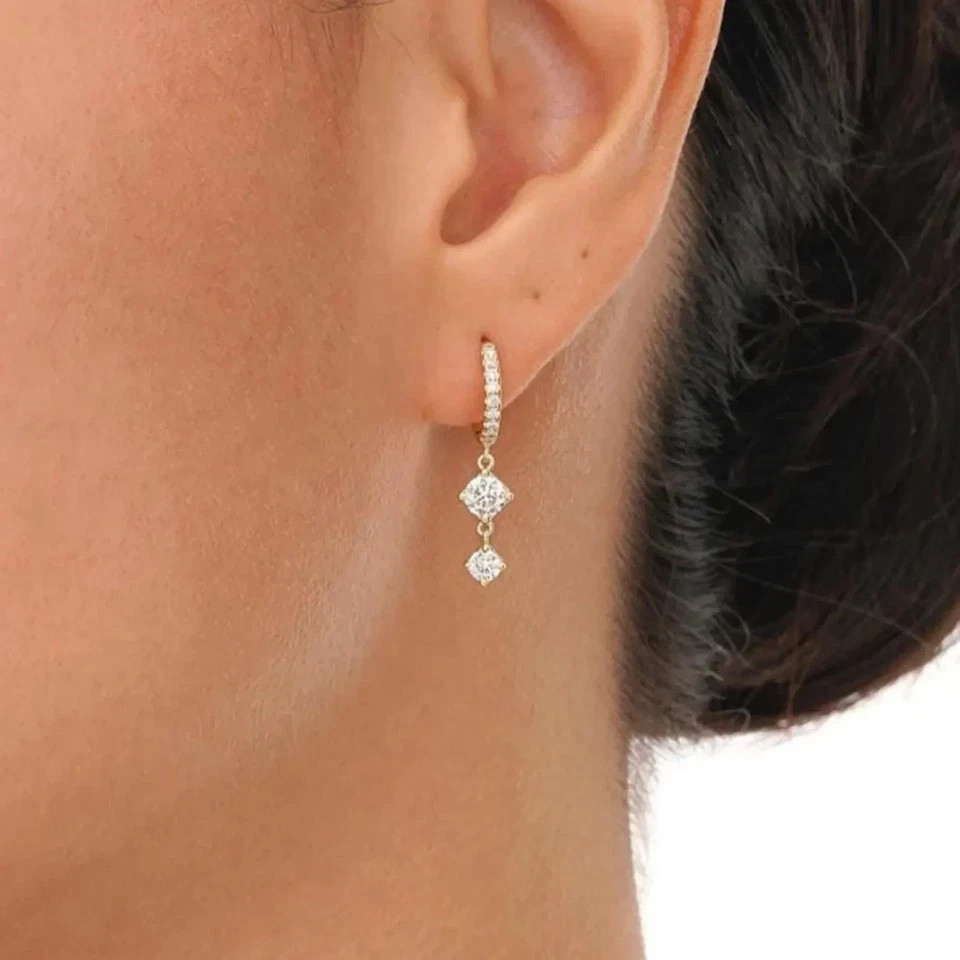 Unique Gift Round Lab Grown Diamond Dangle Drop Cluster Earrings 14k Yellow Gold